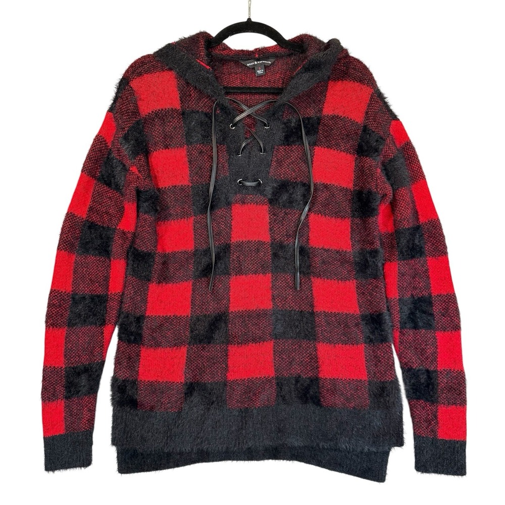 Rock & Republic‎ Women's Soft Fuzzy Buffalo Plaid Pullover Hooded Sweater Small